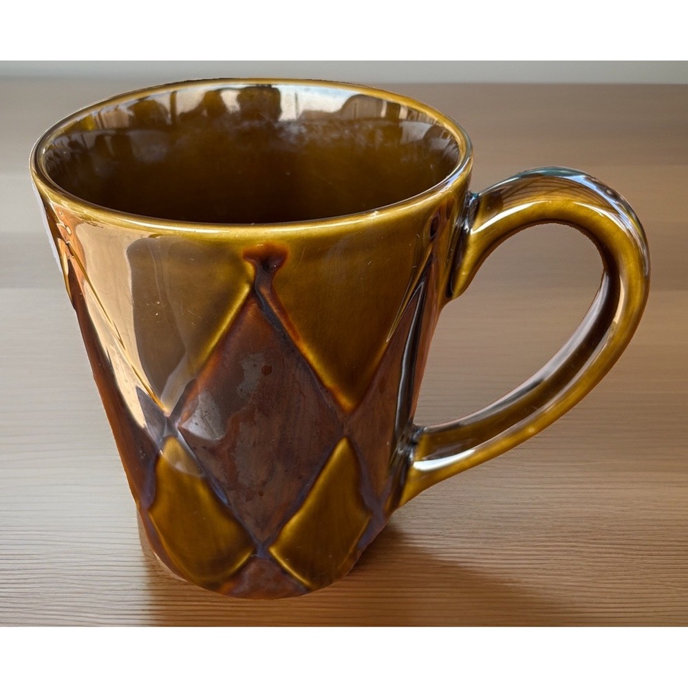Vtg MCM 1960s retro brown Caramel drip glaze diamond pattern quilted Mug